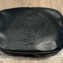 Lancôme Black Faux Leather Makeup Bag Rose Design Toiletry Pouch Travel Case