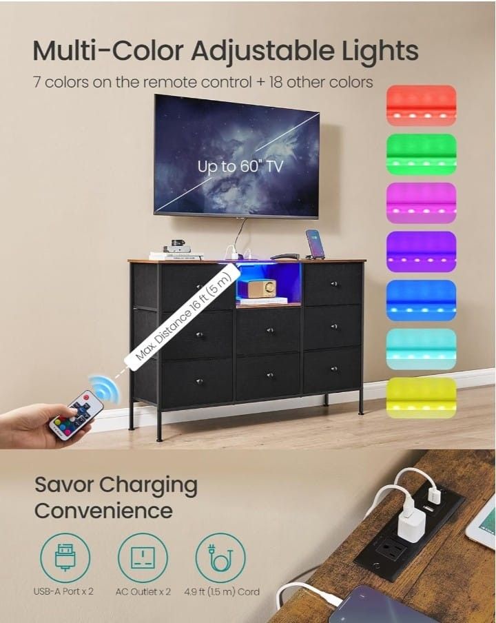 Dresser With Power And LED Lights Black