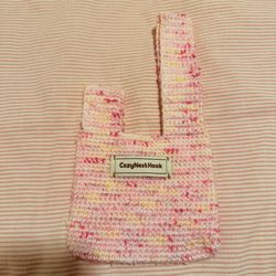 Handmade Crochet Mini Tote – Pink Candy Yarn Wristlet