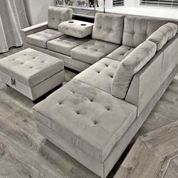 Beige Sectional W/ Center Console & Storage Ottoman ✅✅