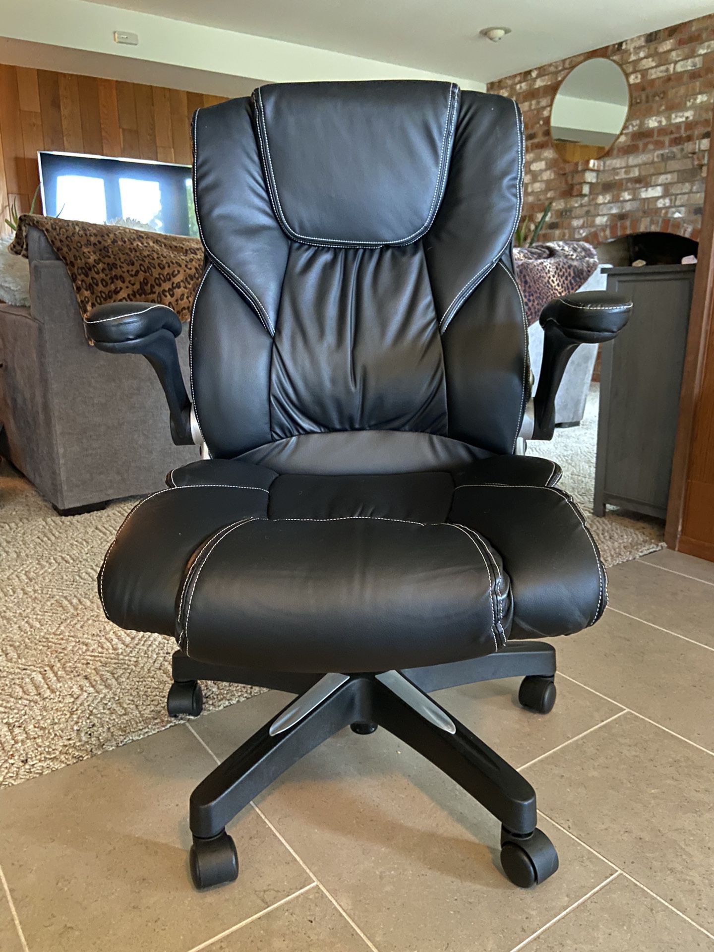 Desk Chair, Black, Leather, Height Adjustable 