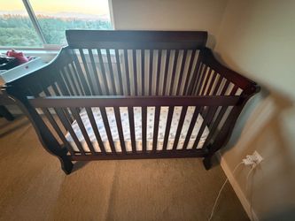 Dark Cherry Wood Baby Crib with Mattress