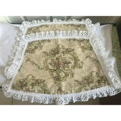 Vintage Set (2) Antique Looking Floral Fabric Placemats with Lace Trim  Handmade