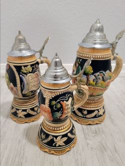 Three VTG Musical Western Germany DBGM German Pewter Lid Oktoberfest Beer Steins