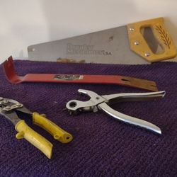Handsaw, Leather Puncher, Pry Bar, And Cutters