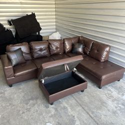 Free Delivery! Brown Faux Leather Sectional Couch with Storage Ottoman