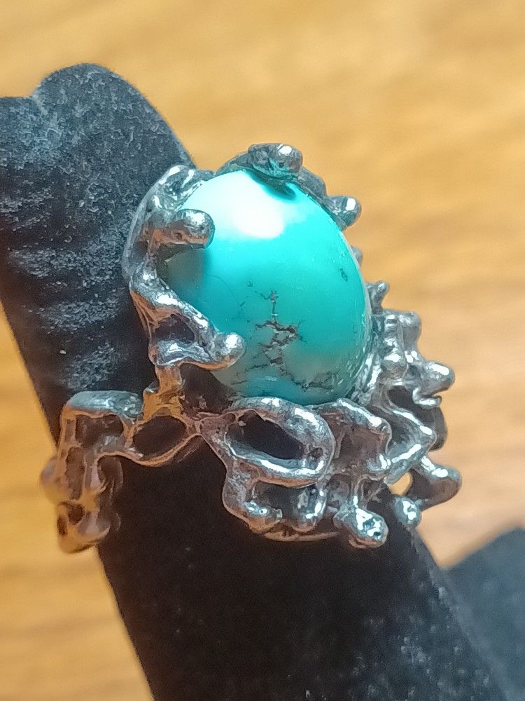 Vintage Sterling Silver Brutalish Style Ring With Turquoise