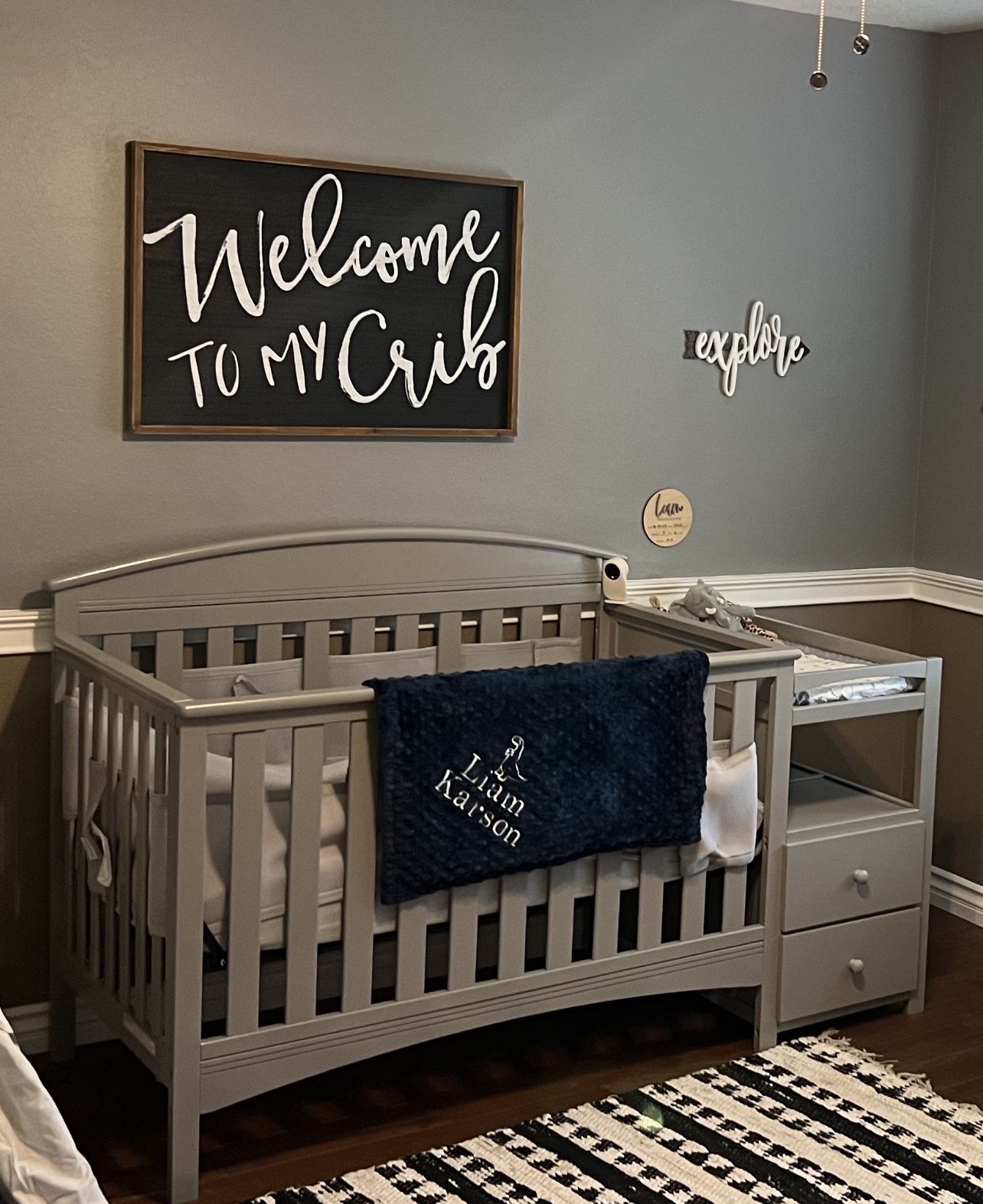 Crib With Mattress, Changing Table And Welcome To My Crib Sign