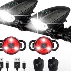 2 packs 1400LM USB rechargeable bike headlight & tail light set w/ horn 3 Lighting Modes