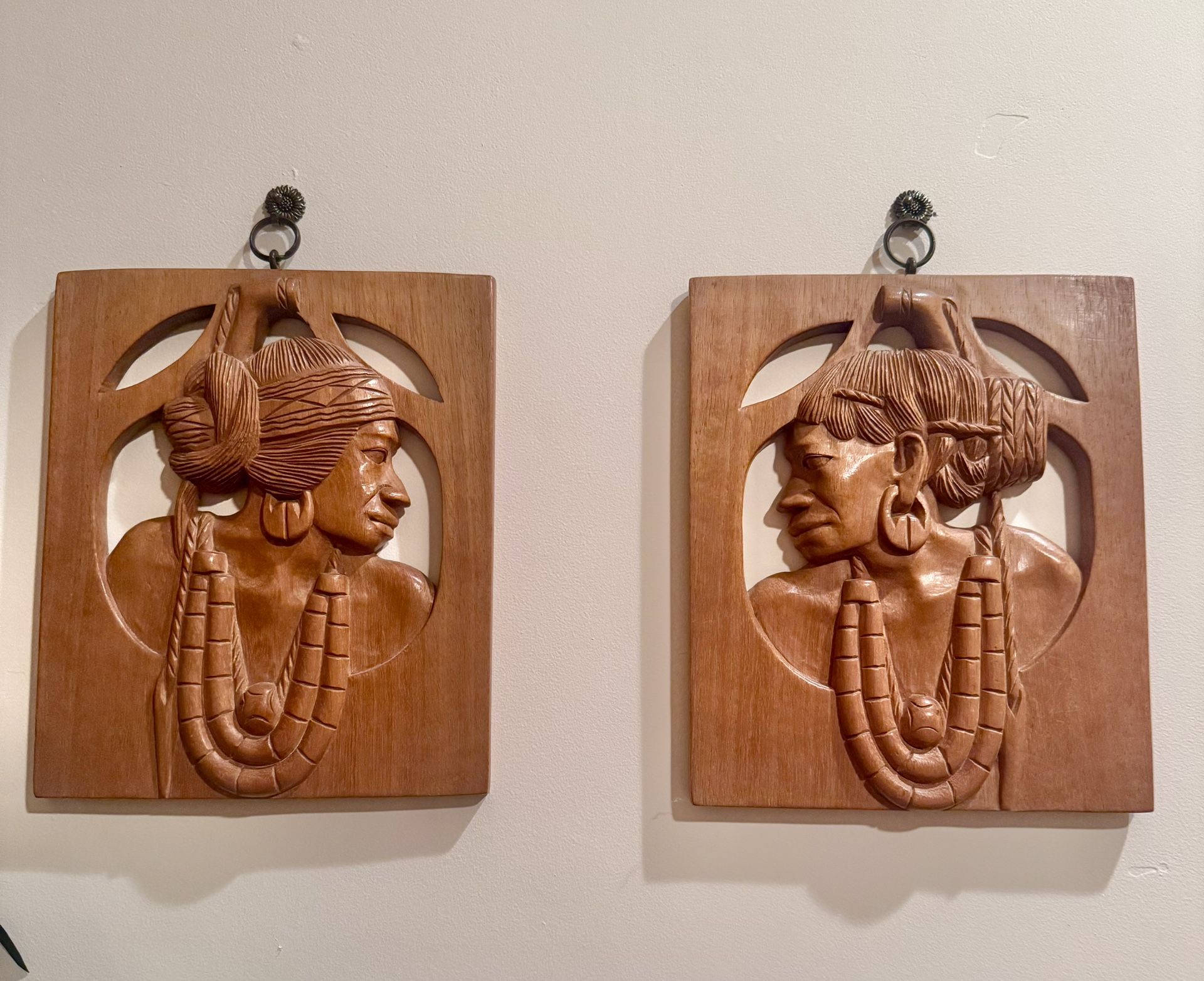 Native Philippine tribal woman wood frame. womans head, large earrings, necklace