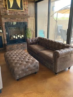 Chesterfield Brown faux leather sofa & ottoman