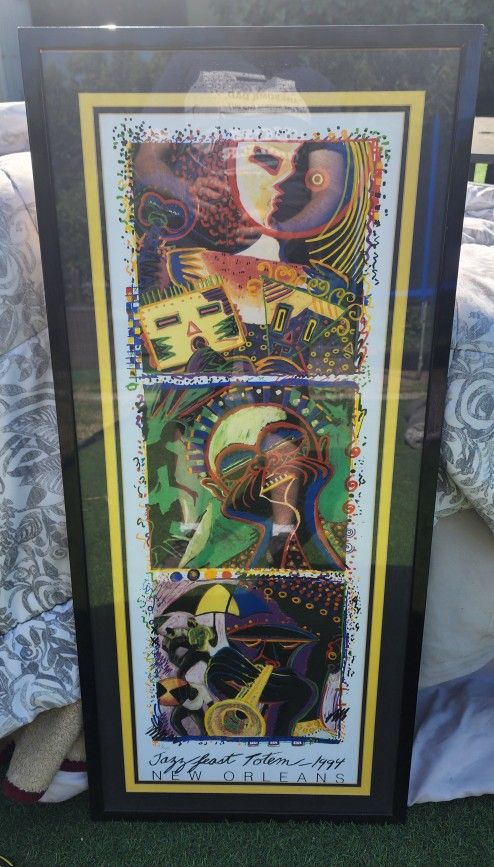 NEW ORLEANS Vintage Jazz Fest Totem 1994 Framed Poster 41.5 x 18.5"