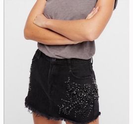 Free People Shine Bright Rhinestone Black Denim Mini Skirt