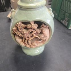 Vintage Chinese Celadon Incense Burner w/ Interior Boxwood Landscape