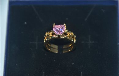 Gold-Tone Adjustable Heart Ring with Pink Zirconia - Romantic Heart-Cut Solitaire Jewelry Gift