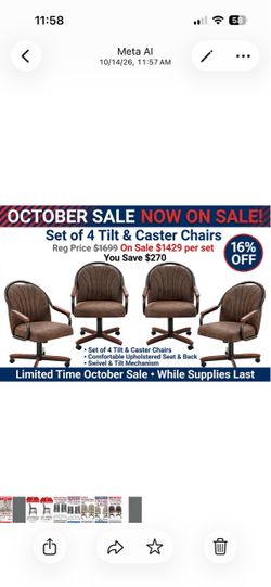 Set of 4 Tilt & Caster Dining Chairs as shown reg $1699 on sale $1429
