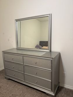 Silver Dresser with Mirror and Matching Chest Set