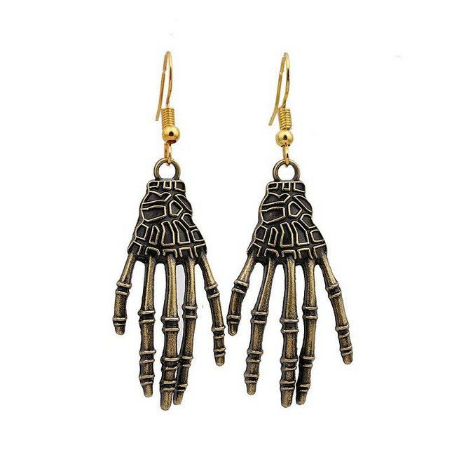 Gothic Halloween Antique Bronze Metal Fatima Skeleton Hand Hook Earrings