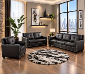 Modern style black leather three piece couch set