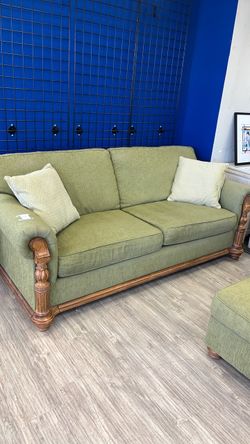 Green Fabric Sofa with Wood Carved Legs