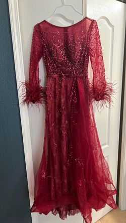 Red Sequin Feather Trim Formal Gown