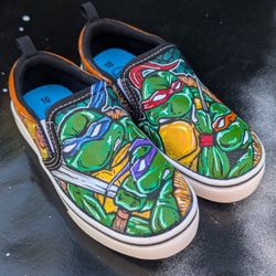 Custom Hand-Painted Ninja Turtle Shoes – Kids Size [10] – Durable Acrylic Art Sneakers – One-of-a-Kind Fan Gift