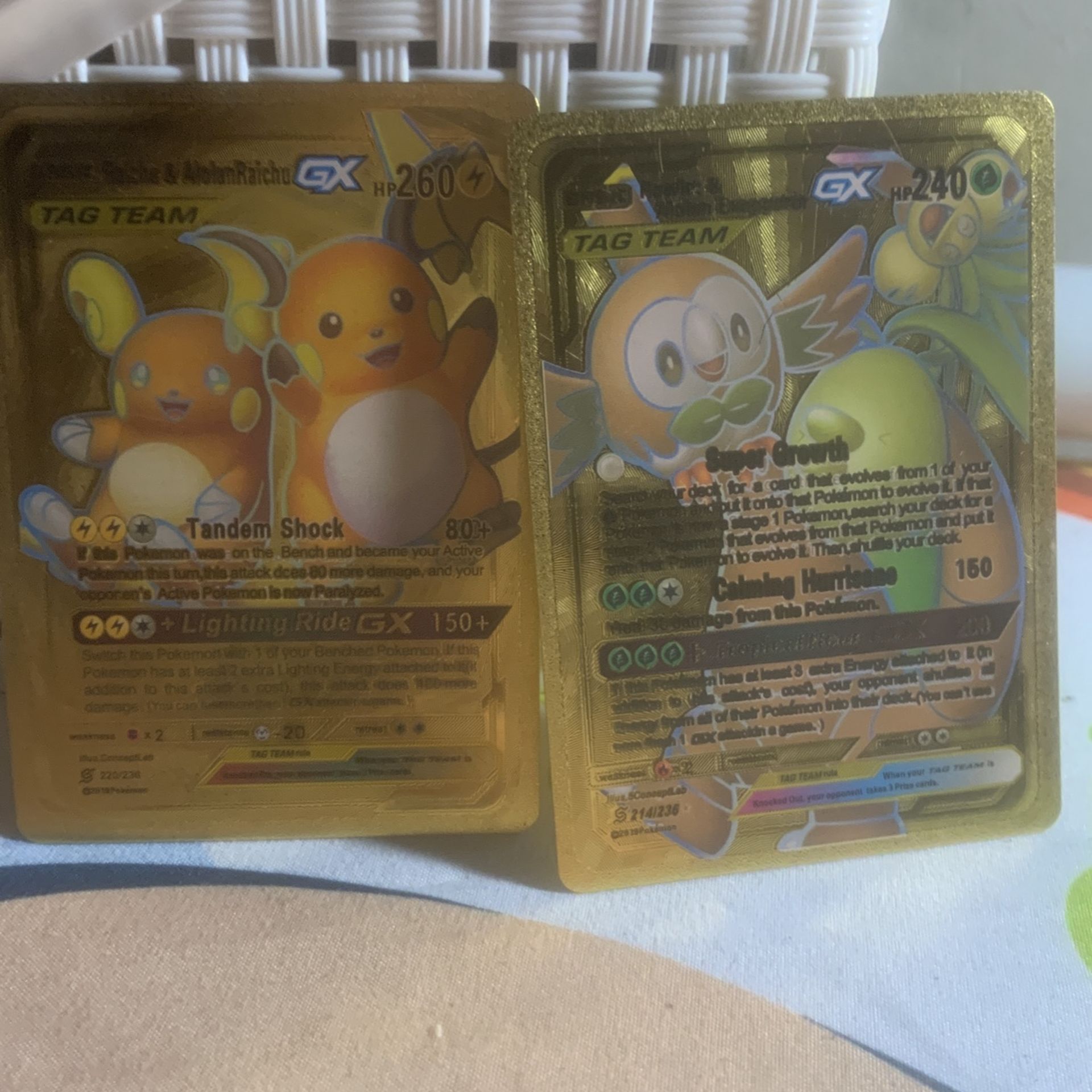 Raichu & Alolan Raichu GX Tag Team Gold Foil Pokemon Fan Art Card & Rowlet & Exeggutor GX Tag Team Metal Gold Foil Pokemon Card Fan Art Card