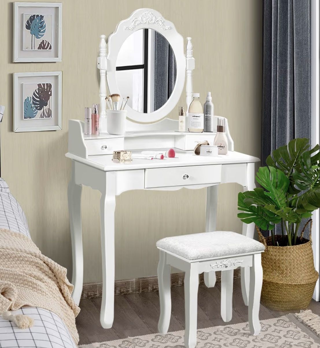 Makeup Vanity Table with Mirror and Stool, Girls Makeup Table with Round Mirror, 3 Drawers, Wood Legs, Cushioned Stool
