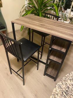 Bar Table and 2 Stools Set with Storage Shelves