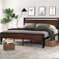 Queen Size Metal Platform Bed Frame with Wooden Headboard & Footboard, Mahogany, Adult