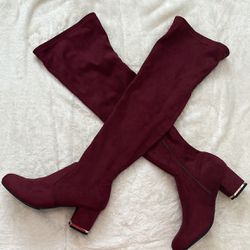 Maroon Suede Thigh High Ankle Boots 