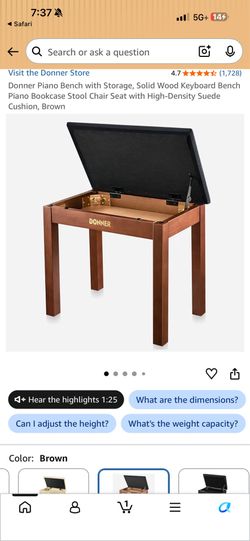 NEW IN BOX   Donner Piano Bench with Storage, Solid Wood Keyboard Bench Piano Bookcase Stool Chair Seat with High-Density Suede Cushion, Brown