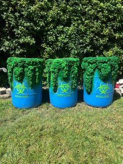 Biohazard toxic barrels glow in the dark Halloween props Spirit Halloween Lowes, Home Depot custom