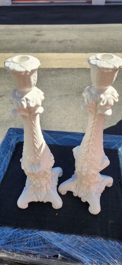 Pair of Tall White Ceramic Candlesticks