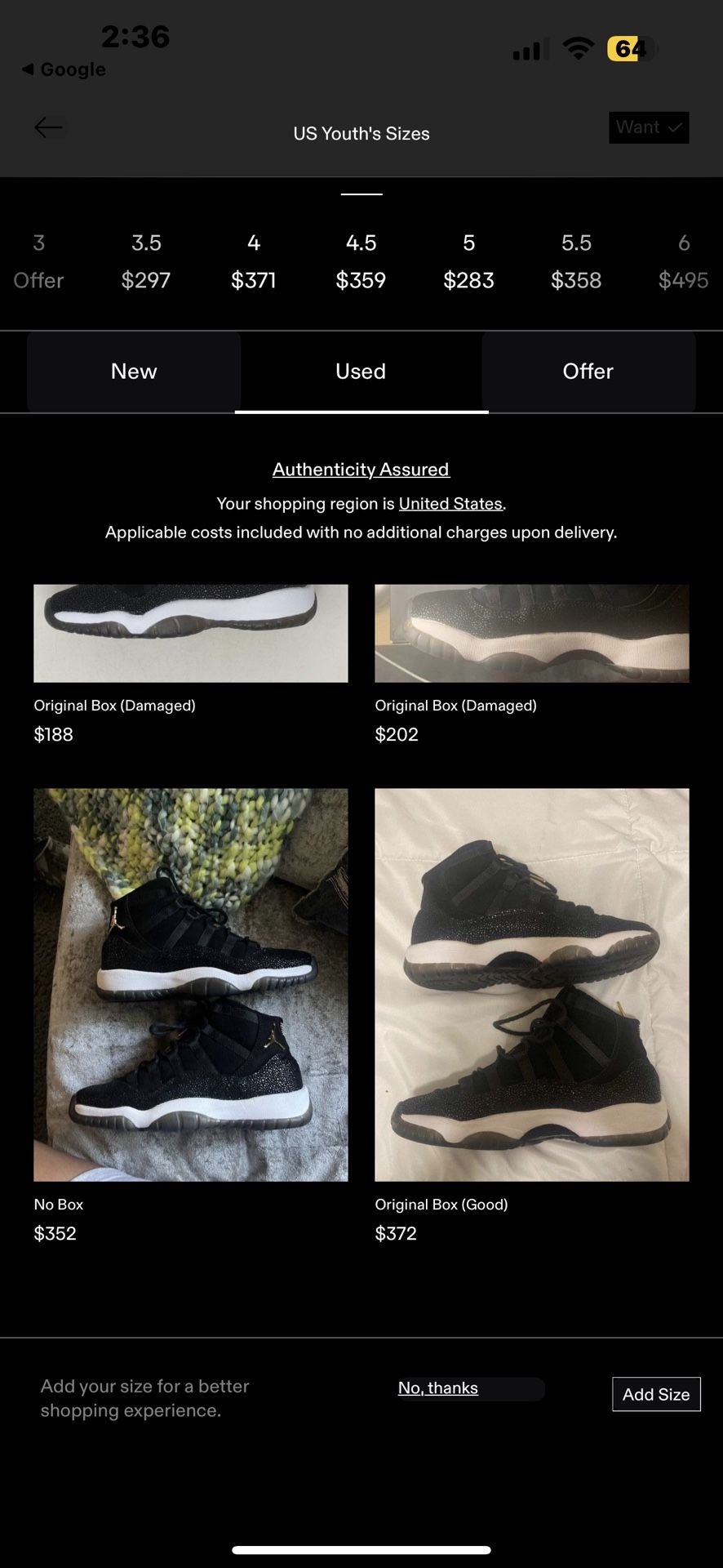 Heiress Stingray Jordan 11. Size 4.5 Gs (6.5w)