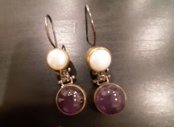 Vintage Purple Stone & Pearl Drop Earrings – Boho Artisan Style
