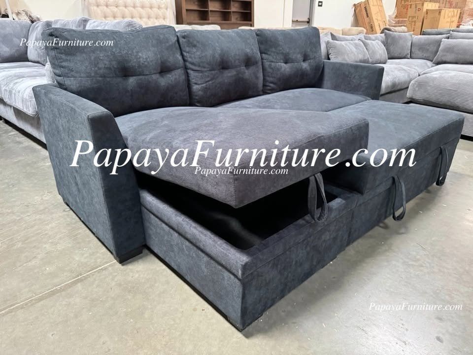 NEW L Shape Sectional Sofa with STORAGE Chaise and Pullout Sleeper Bed Sofa Dark Navy Blue Black Convertible Adjustable Reversible Chaise BIG Discount