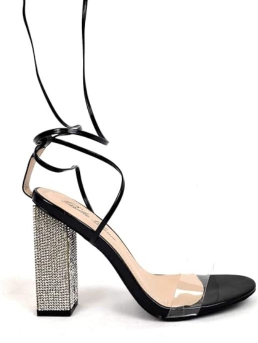 Brand: Bella Luna Bella Luna Women's Gladiator Ankle Strap Clear Rhinestone Lace up Chunky High Heel Strappy Sandals