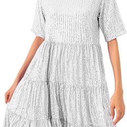 Sequin Babydoll Summer Dress, Sparkly Glitter Short Flowy Tiered Tunic Dress-XL