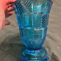 Vintage 1930s Art Deco Blue Glass Vase - Czech Bohemian Geometric Beauty