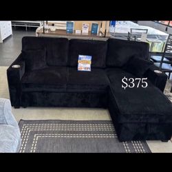 Reversible Convertible Sectional Sofa With Pullout Bed & Storage Black and Grey Corduroy 