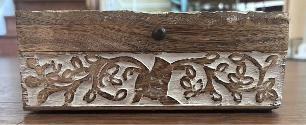 Small Distressed Wood Floral Carved Rectangle Trinket Box with Lid