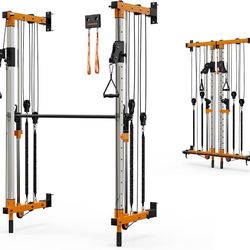 Wall-Mounted Folding Smith Machine Home Gym, All-in-One Compact Power Cage & Cable Pulley Trainer with 125–250LB Dual-User Resistance Band