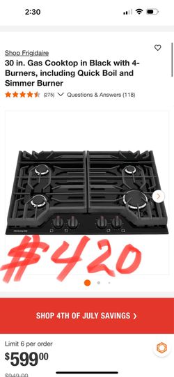Shop Frigidaire 30 in. Gas Cooktop in Black with 4-Burners, including Quick Boil and Simmer Burner