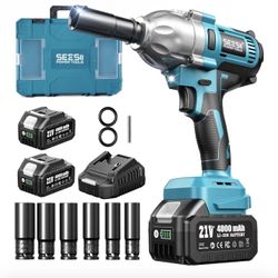 Seesii Impact Wrench 665 FT-LBS 3300IPM 1/2 Impact Gun High Torque Electric Impact Driver Cordless Impact Wrench with 21V 2x4.0Ah Battery 6 Sockets&Ca
