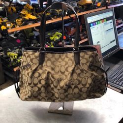 1003 Coach F28501 Brown Canvas Signature Stripe Drawstring Carryall Purse 555589