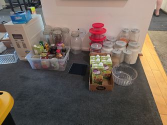 kitchen, jars, rice dispenser, canned food, beef broth, pyrex