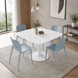 Modern Minimalist Dining Set:  42" White Square (Rounded Edge) Tulip Dining Table + Four (4) Light Blue Polypropylene (PPP) Dining Chairs [NEW IN BOX]