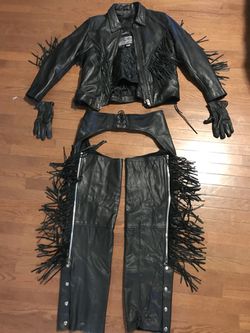 Motorcycle leather jacket chaps and gloves like new Thumbnail