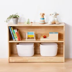 272 OOOK Rubber Wood Montessori Shelf and Toy Storage, 35.4" L, Solid Wood Bookshelf and Toy Organizers, 2-Tier Storage Cabinet Shelves and Kids Bookc